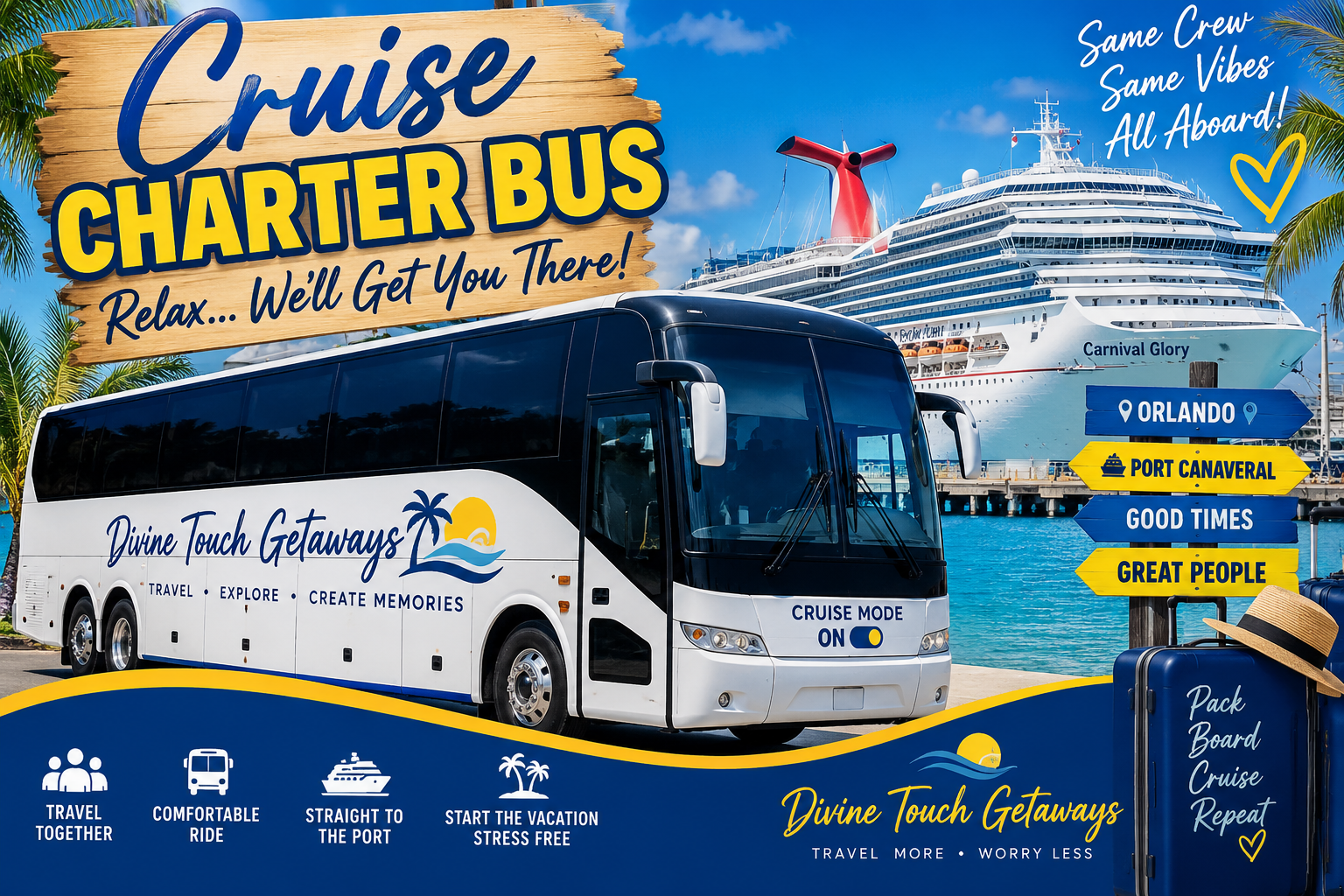 Divine Touch Getaways charter bus at Port Canaveral with the Carnival Glory in the background
