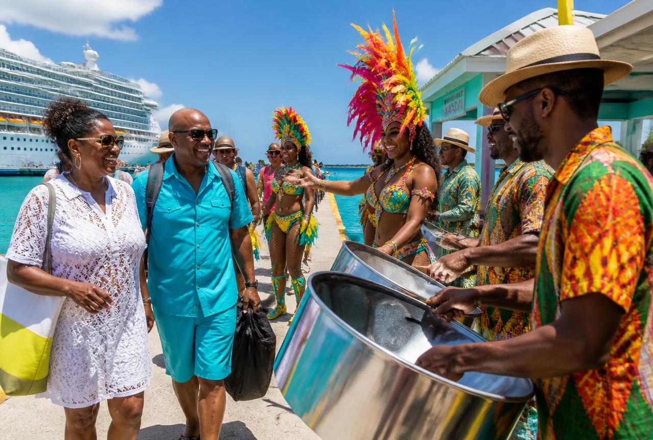 Steel drum players and dancers welcoming cruise guests to the island