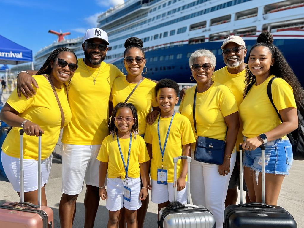 Group wearing matching yellow shirts on embarkation day
