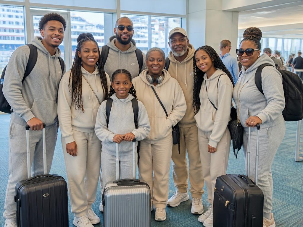 Group in comfy neutral travel clothes with luggage