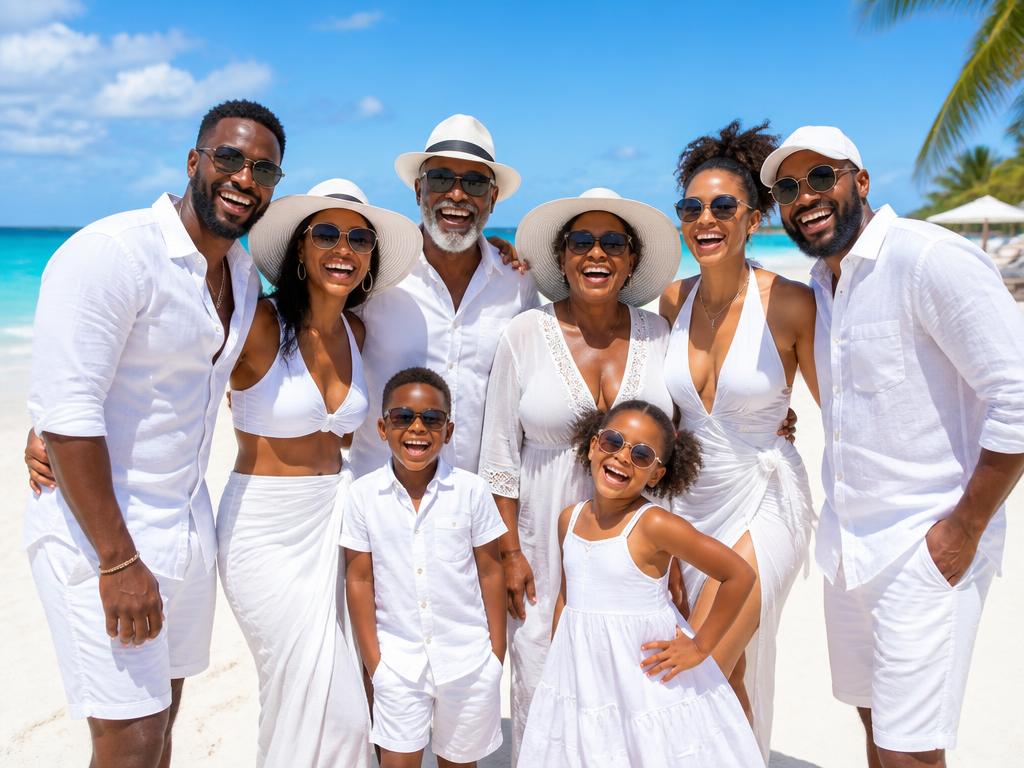 Group wearing all-white beach outfits on the island